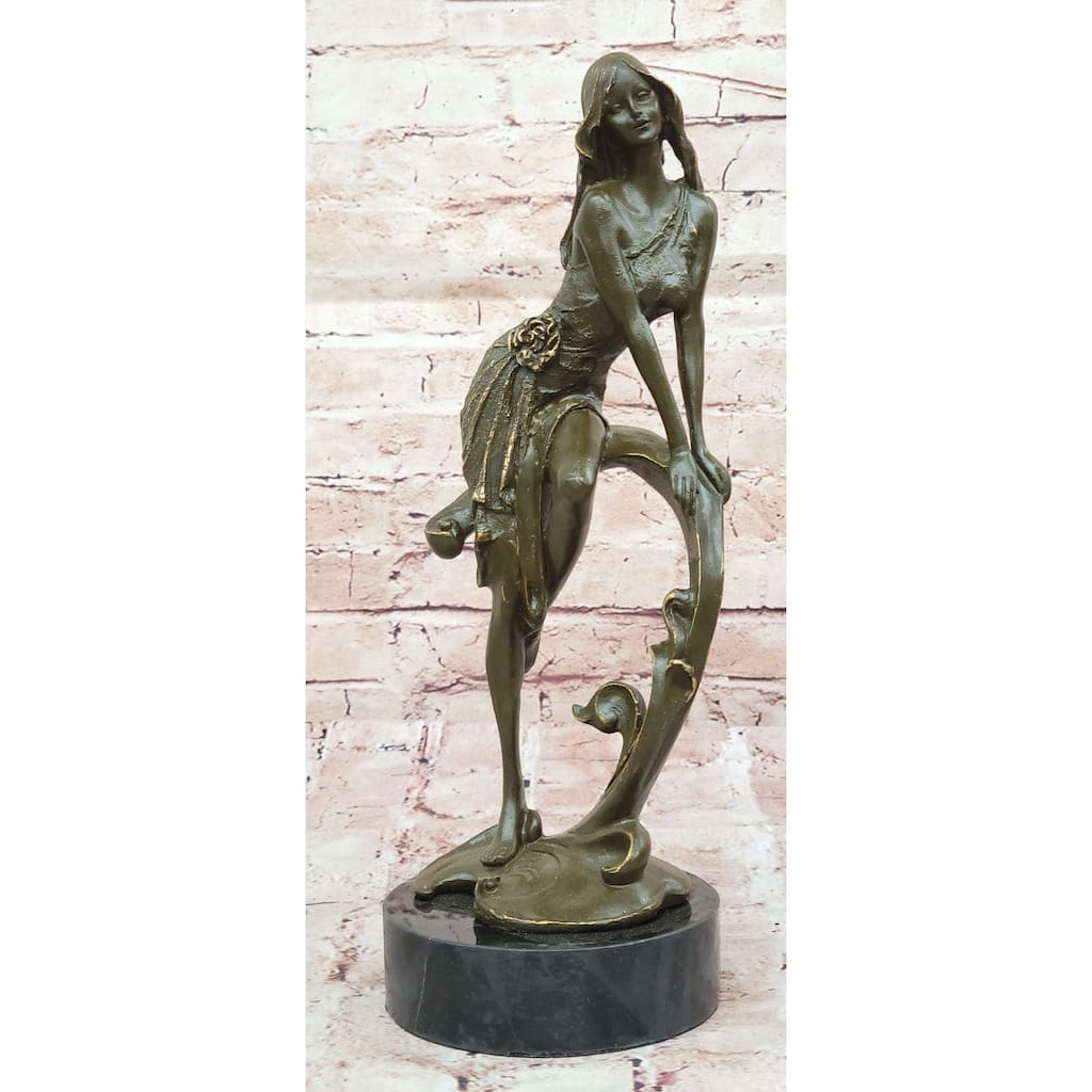 Art Nouveau Bronze Girl On Swing Sculpture – Marble Base Figurine