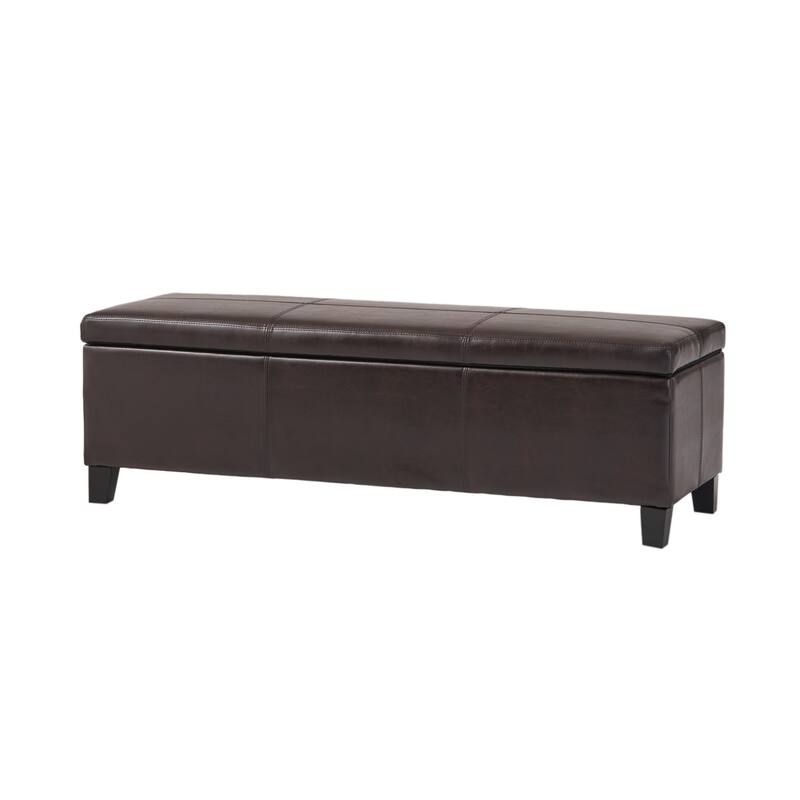 Elias Storage Ottoman Bench, Detailed Brown Faux Leather, 51 Inch