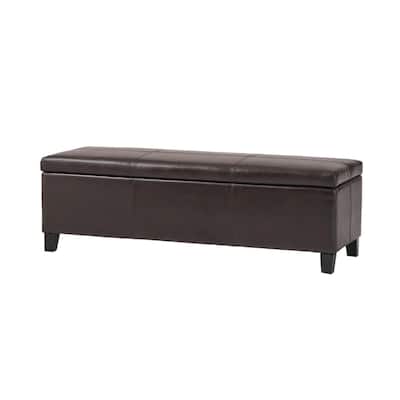 Elias Storage Ottoman Bench, Detailed Brown Faux Leather, 51 Inch