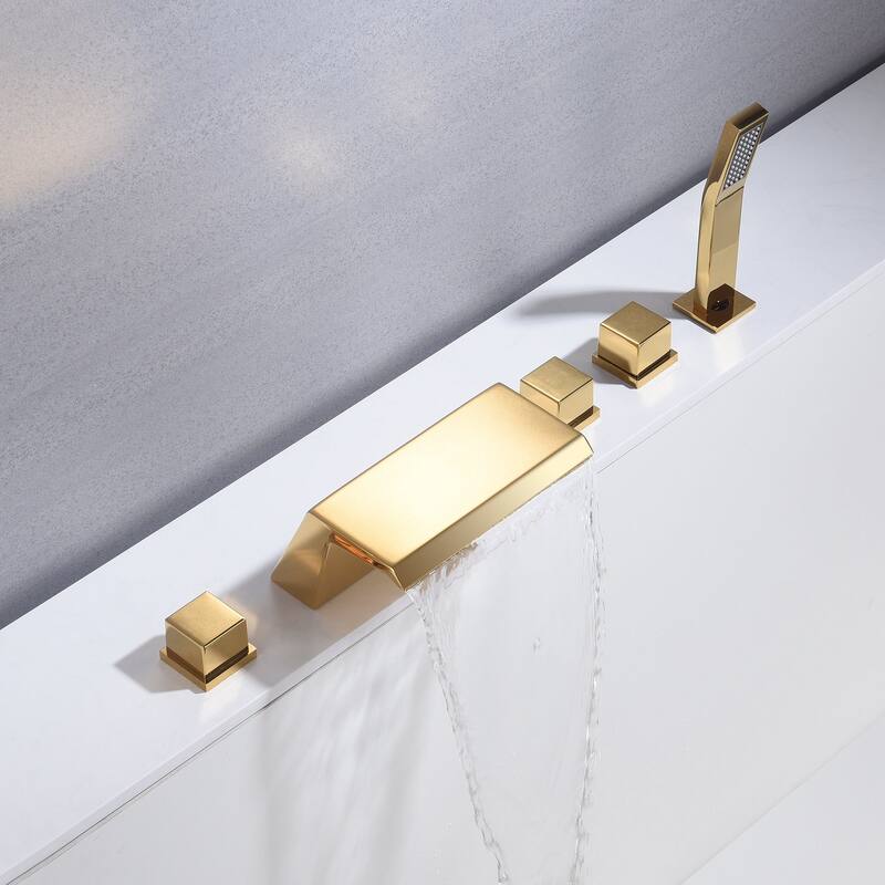 Waterfall Tub Filler Bathtub Faucet polished gold 5-Hole 3-Handle Solid Brass Bathroom Bath Tub Faucets - 9'6" x 13'6"