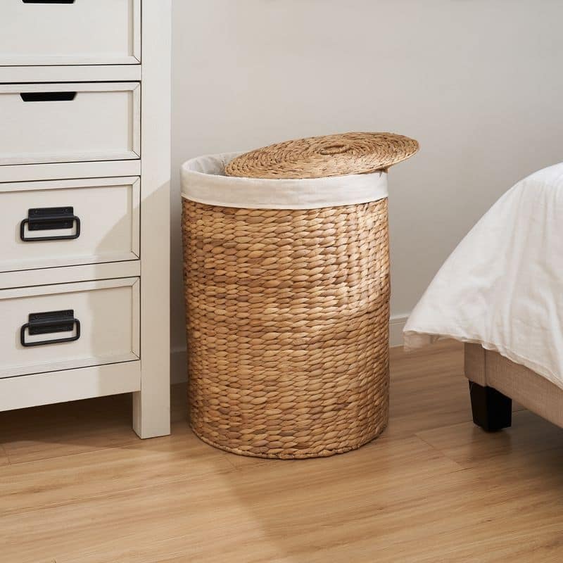 Ludmilla Round Tall Water Hyacinth Woven Wicker Laundry Hamper with Lid