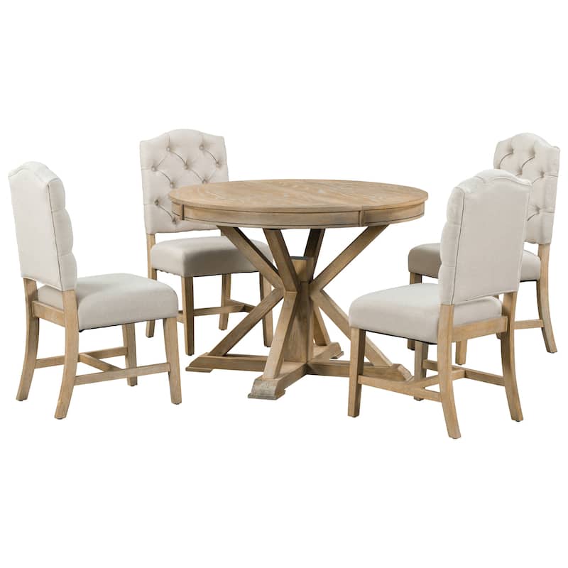 Functional Dining Table Set with Extendable Table and 4 Upholstered Chairs