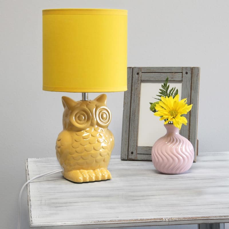 Tall Ceramic Owl Bedside Table Desk Lamp with Drum Shade - 12.75" - Dandelion Yellow