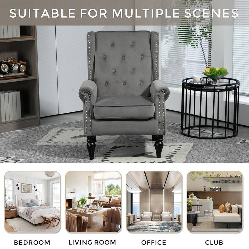 Transitional Wingback Accent Chair Armchair with Sturdy Wood Legs
