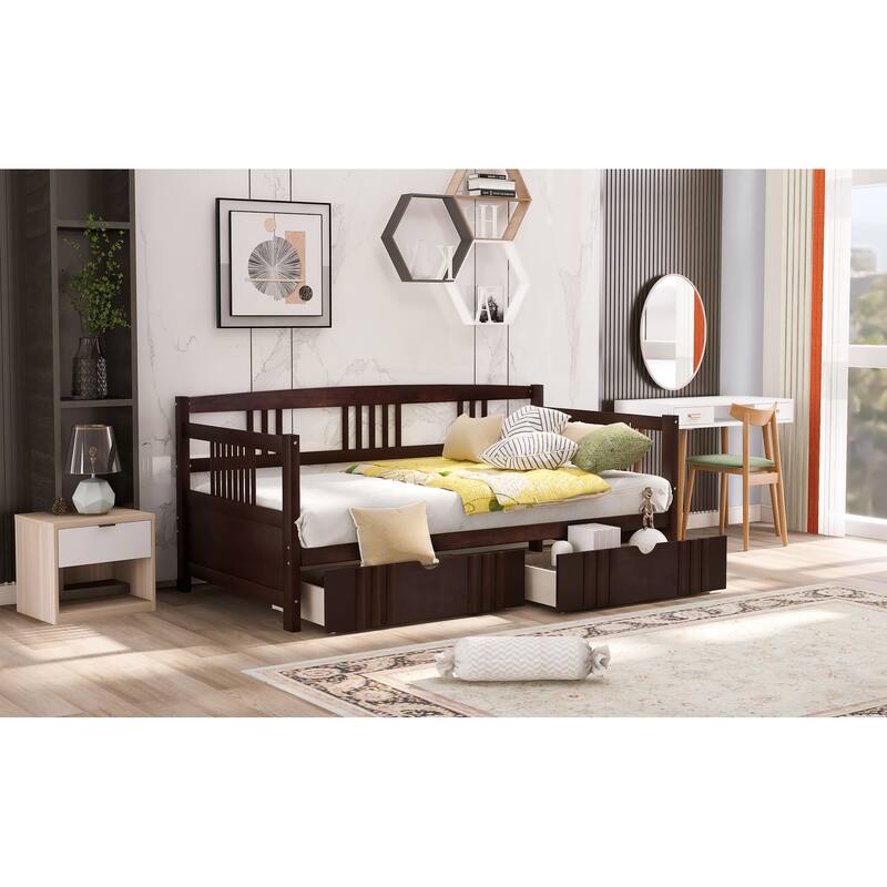 Daybed with Two Drawers, Solid Wood Frame, Guardrails, No Box Spring Needed