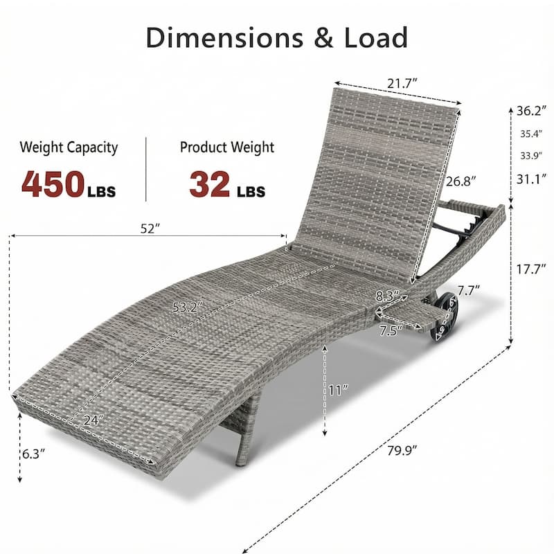 80"Patio Chaise Lounge Chairs Set of 2, Rattan Reclining Chair w/Rolling Wheels & Pull-out Side Table, Adjustable Backrest