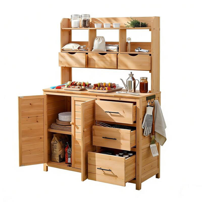 Roomfitters Garden Potting Bench with Storage Hutch, Outdoor Potting Table with 6 Drawers and Cabinets, Shelves