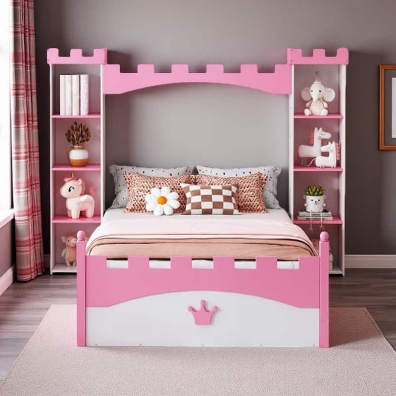 Castle-Shaped Twin Bed with Storage Shelves and Crown Footboard, Pink & White Wooden Platform Bed for Kids - White+Pink