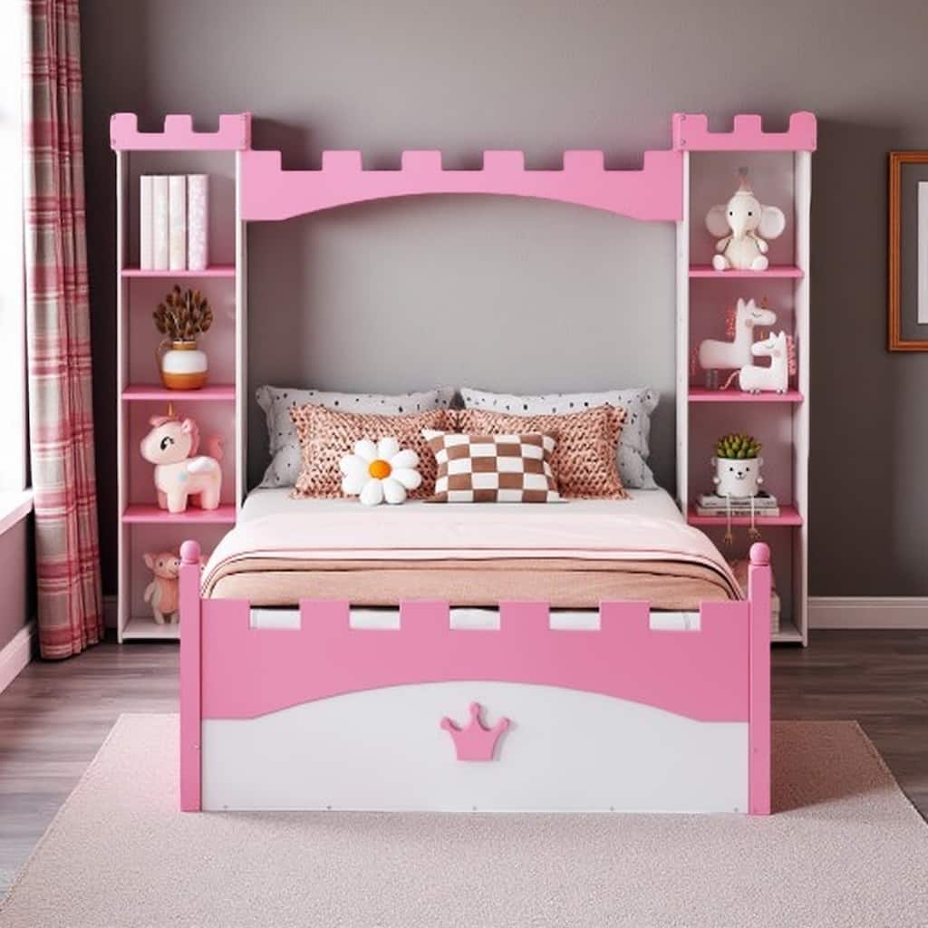 Castle-Shaped Twin Bed with Storage Shelves and Crown Footboard, Pink & White Wooden Platform Bed for Kids