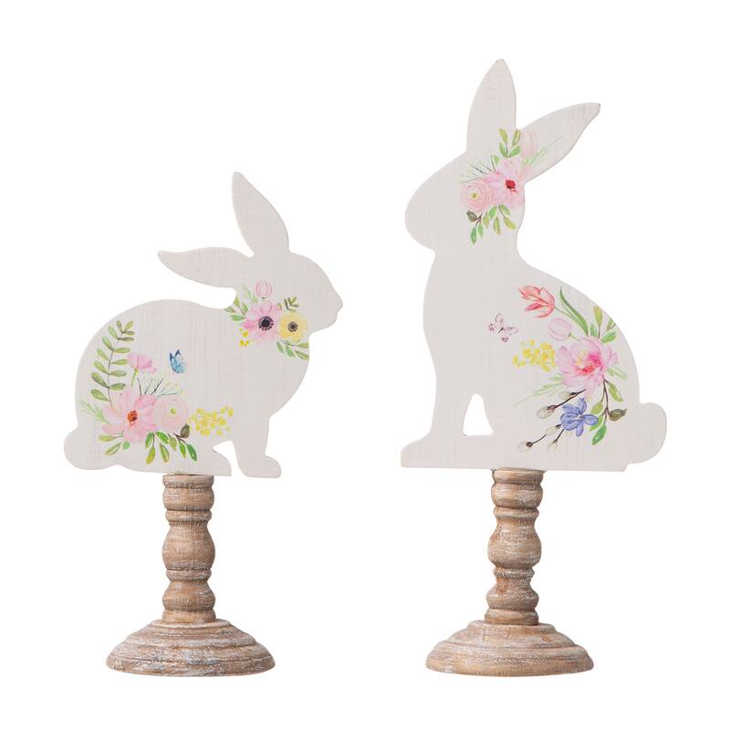 Glitzhome Set of 2 Easter Wooden Bunny Table Decor Spring Gift - White