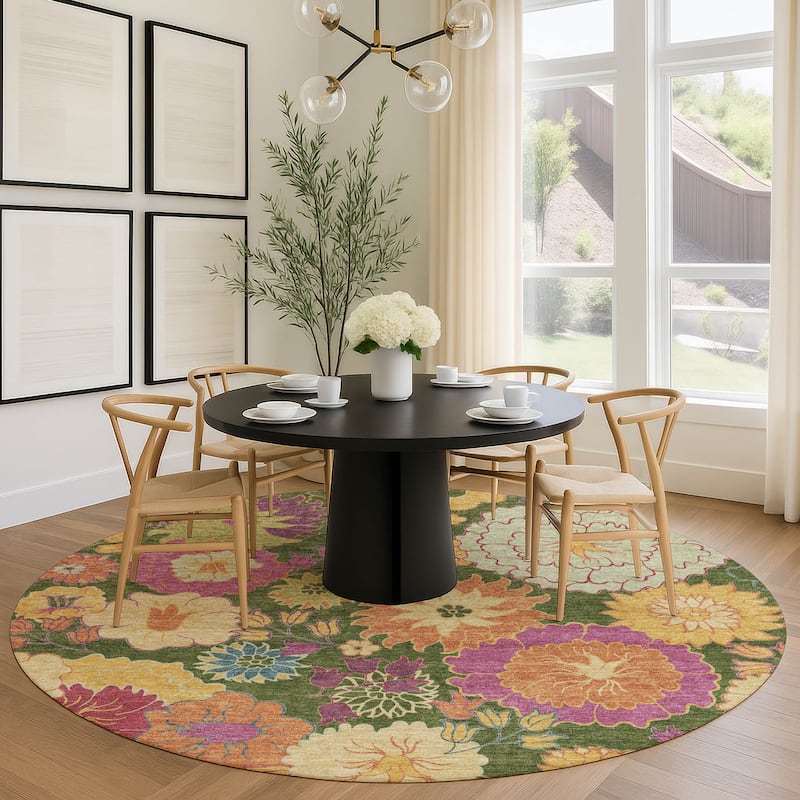 Machine Washable Indoor/ Outdoor Modern Floral Chantille Rug