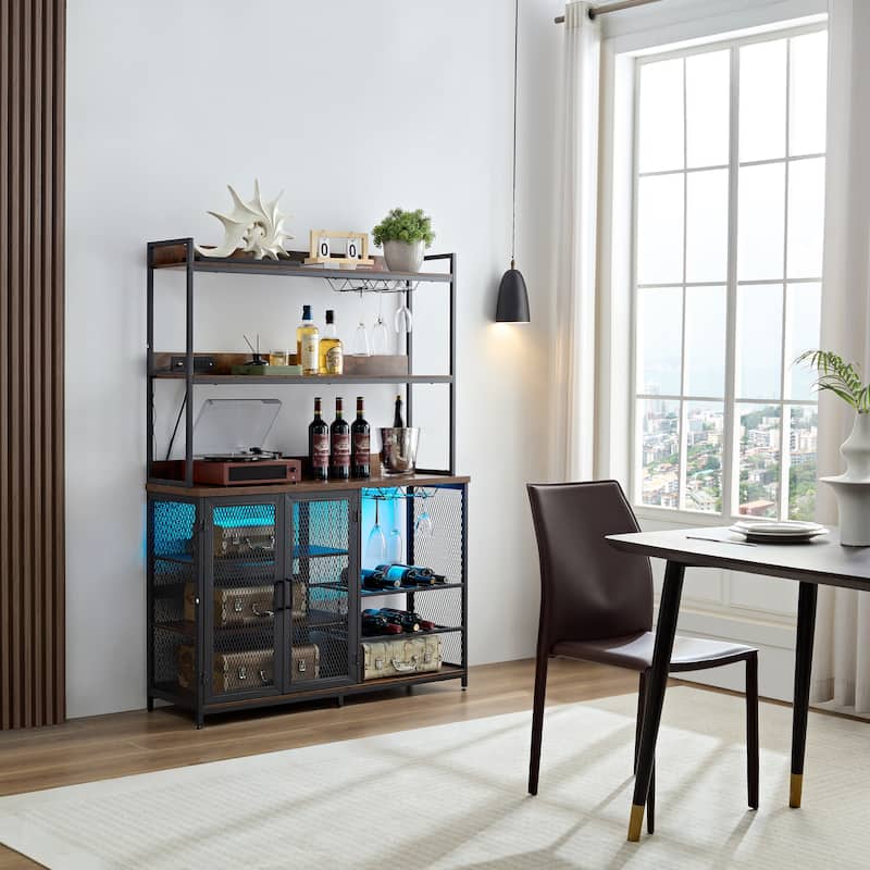 Coffee Bar Cabinet with Power Outlet, Industrial Buffet Cabinet with LED Strip and Glass Holder, 3-Tiers Liquor Cabinet Bar