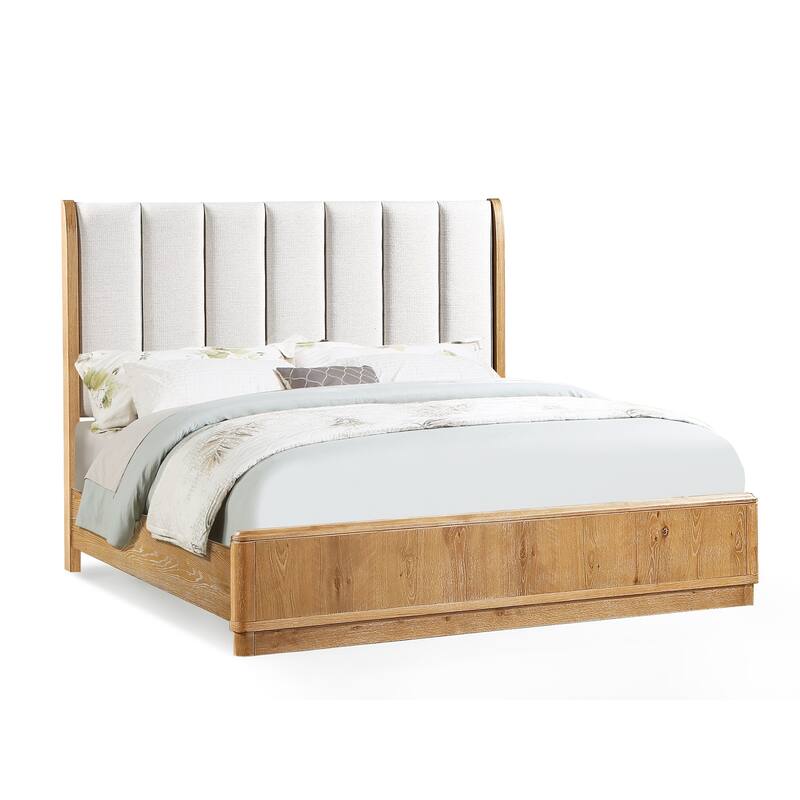 Queen Size Upholstered Panel Bed with Natural Wood Finish and Off-White Fabric - Brown