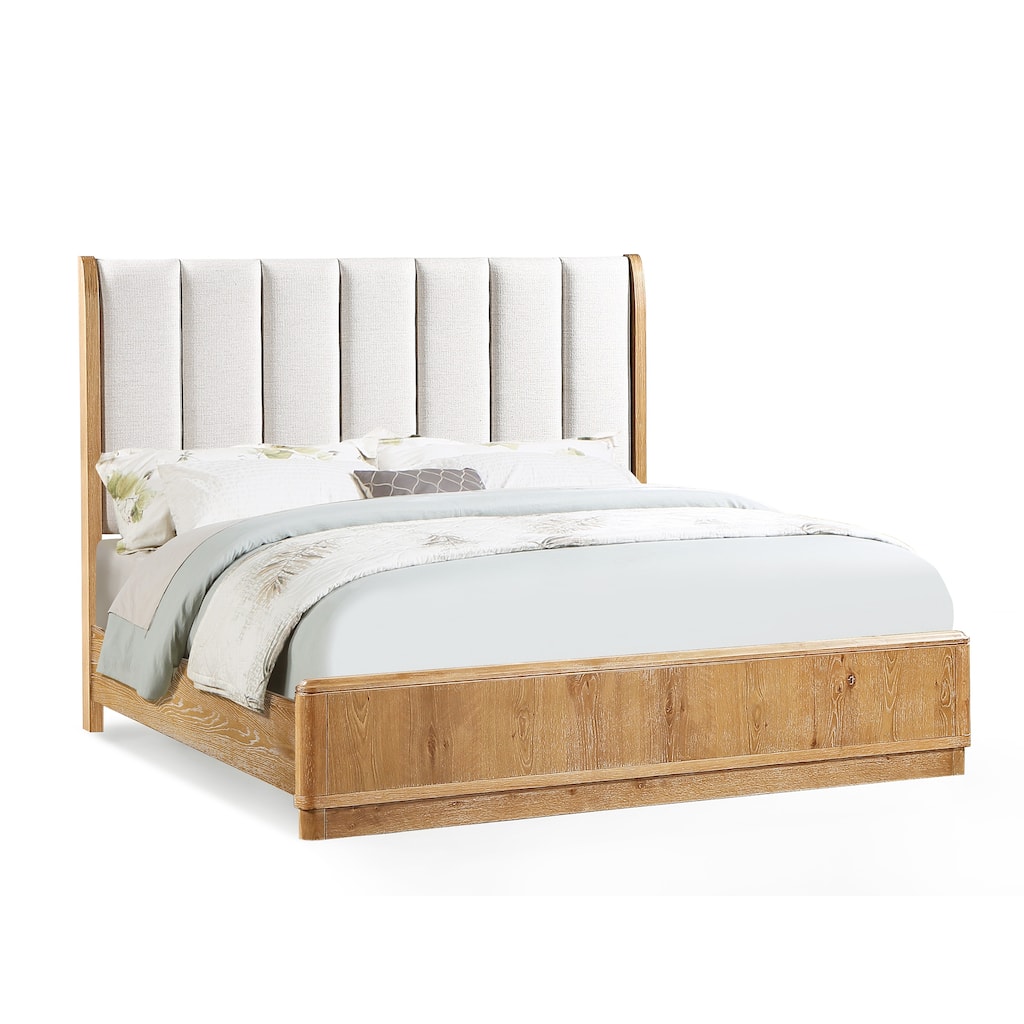 Queen Size Upholstered Panel Bed with Natural Wood Finish and Off-White Fabric