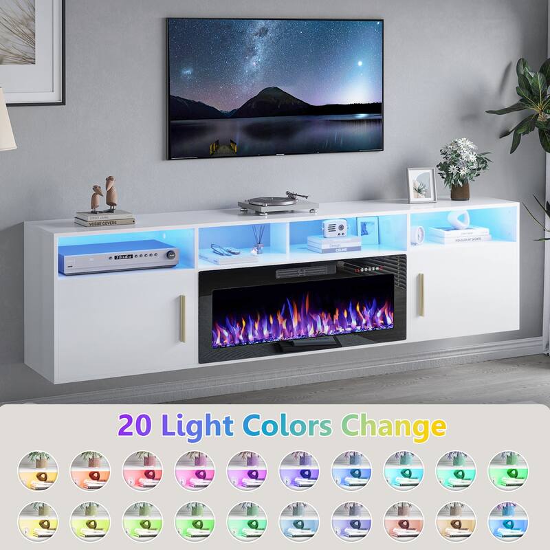 BOSSIN 80" Floating TV Stand with 36" Electric Fireplace, High Gloss Finish Wall Mounted Fireplace TV Stand with Storage