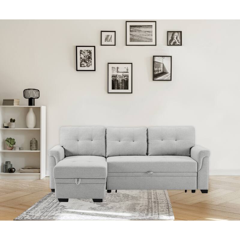 Solid Wood Frame Linen Reversible Sleeper Sectional Sofa with Storage Chaise