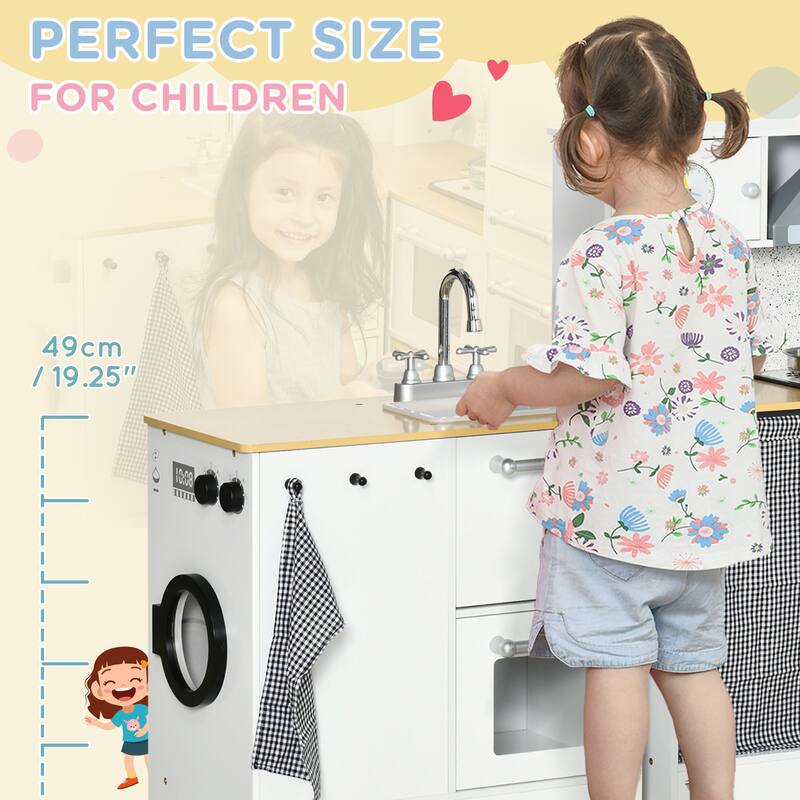 Qaba Kids Wooden Kitchen Playset with Sound Effects and Tons of Countertop Space, Wooden Corner Play Kitchen Set