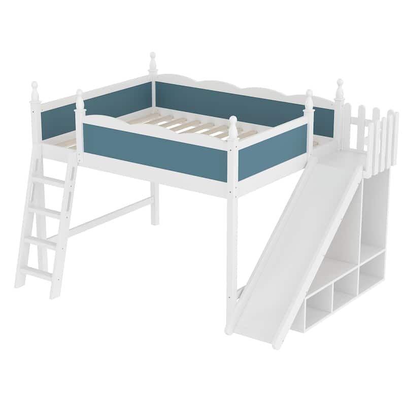 Queen Loft Bed with Storage Shelves and Wardrobe, Solid Wood Loft Beds with Detachable Slide and Ladders, No Spring Box Needed