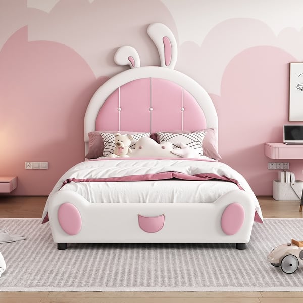 slide 2 of 8, Twin Size Upholstered Platform Bed with Rabbit Shaped Headboard, Pine Wooden Bed with Support Slat for Bedroom, White White