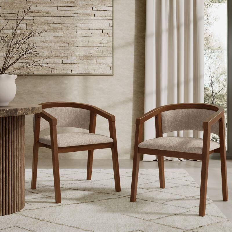 Christopher Knight Home - Noren Mid-Century Boucle Upholstered U-Shaped Dining Chair with Armrest - Set of 2 - Khaki+Walnut