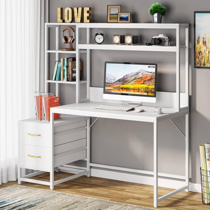 55 Inches Computer Desk with Hutch,2 Drawers & Open Shelves-Modern Home Office Desk with Storage,Writing & Gaming Workstation