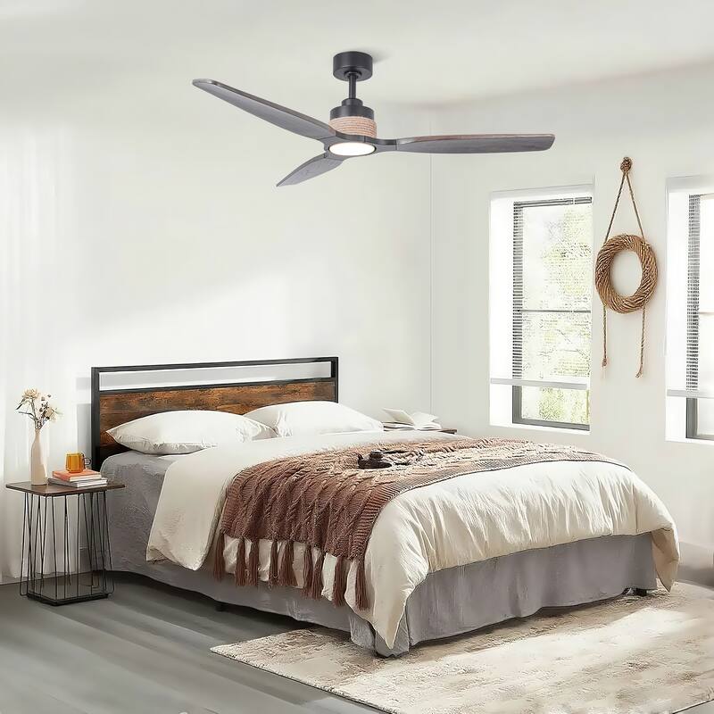 56" American Country Jute Solid Wood Black Ceiling Fan with 3CCT Light and Remote