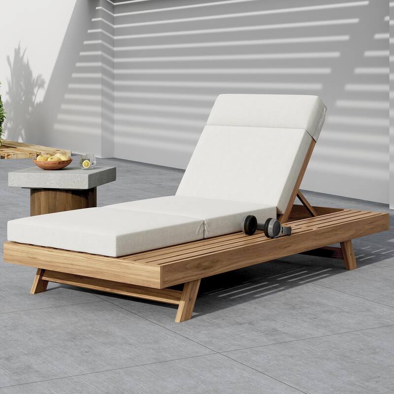 Christopher Knight Home - Bellara Modern Outdoor Acacia Wood Adjustable Chaise Lounge with Water-Resistant Headrest Cushion - Cream,Light Brown