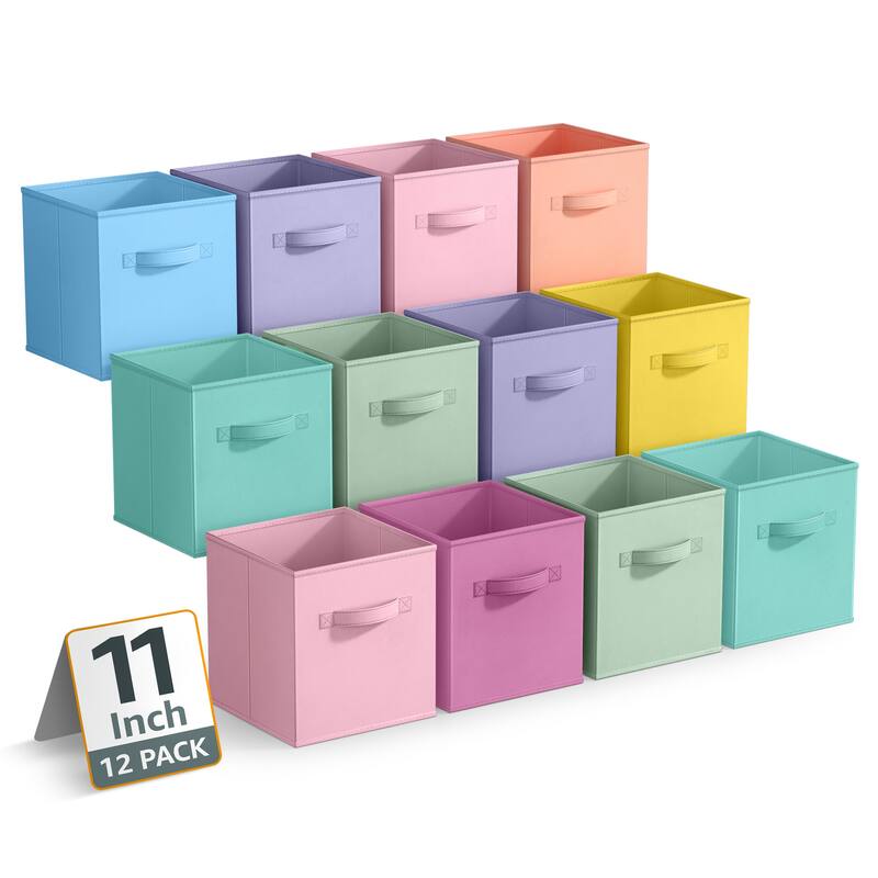Sorbus 12 Pack Storage Bins - Sturdy Fabric Cubes with Handle - 10.5" L x 10.5" W x 11" H - Multicolored Pastel