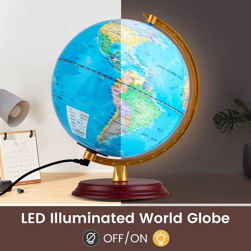 Gymax 8 Inch Illuminated World Globe Night Light up Globe Lamp Wooden