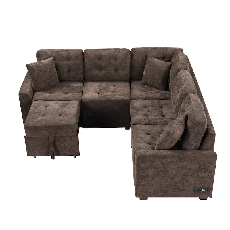 82.6-inch L-shaped Pull-out Sleeper Sofa with Wheels, USB Ports, Power Sockets - 82.6"W x 82.6"D x 33"H