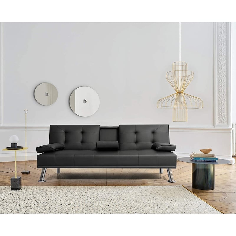 Furniwell Modern Faux Leather Futon with Cup Holders & Pillows, 65" - Black