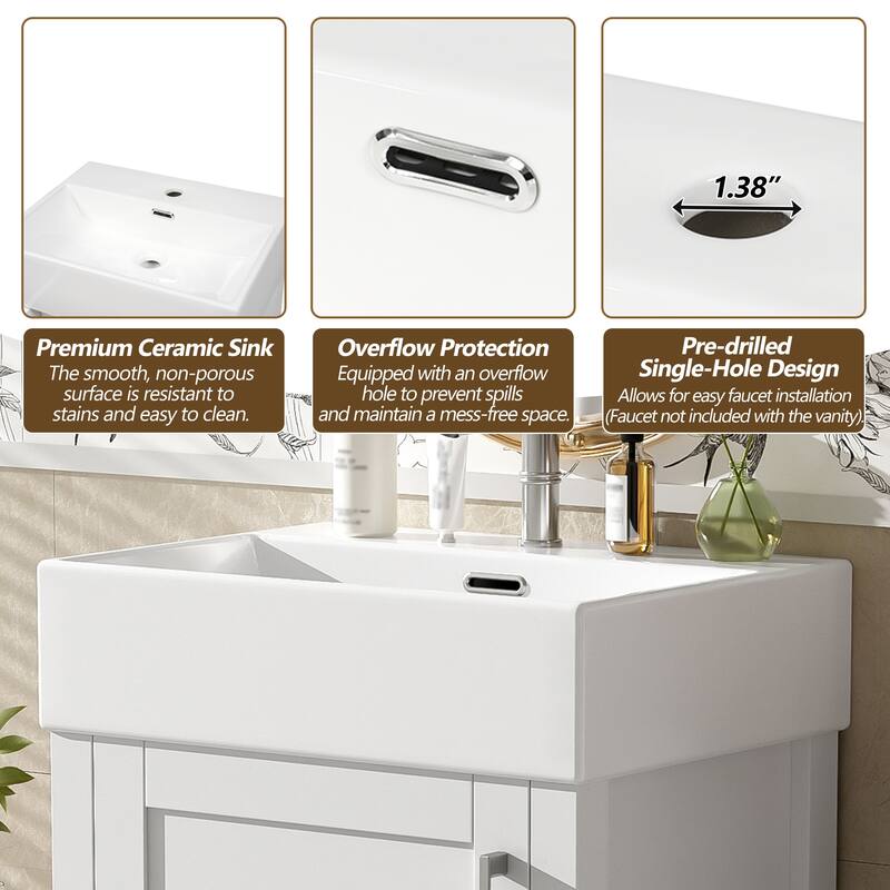 20.28" Modern Bathroom Vanity with Ceramic Sink, Solid Wood Frame, and Drawer -Ideal for Small Bathrooms