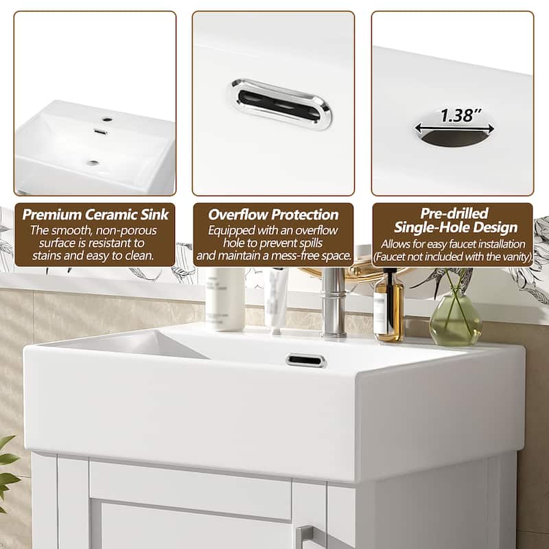 Minimalist Design Storage Cabinet Bathroom Vanity with Drop-In Ceramic Sink, Drawer, Silver Metal Handles and Plastic Feet Pads