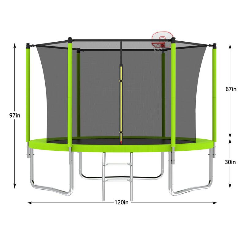 Kids Recreational Trampoline - Basketball Hoop, Safety Enclosure Net, Ladder, Backyard Use - Green - 120