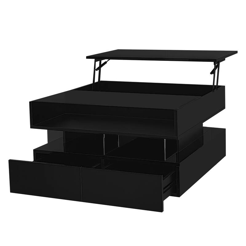 Lift-Top Coffee Table with 2 Drawers, Modern Square Center Table w/ Glass Top and High-Gloss Finish & LED Lights for Living Room