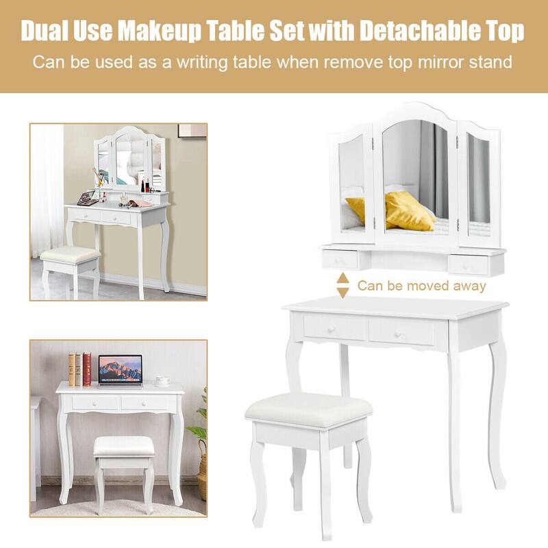 Gymax Bedroom Vanity Jewelry Makeup Dressing Table Set Folding Mirror - See Details