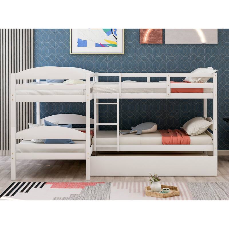 Twin Over Twin Triple Bunk Bed with Trundle Bed, L-Shaped Bunk Bed with Ladder, Wooden Bunkbed Frame for 4 Kids Boys Girls Teens