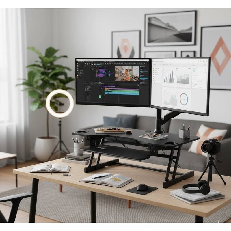 Rocelco 45 in. W Black Height Adjustable Standing Desk Converter with Dual Monitor Mount and Triple Screen Riser Platform