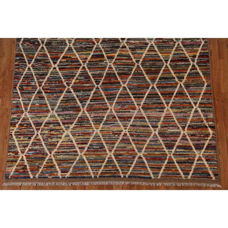 Hand Knotted Oriental 100% Wool Carpet Tribal Trellis Multi-Colored Moroccan Area Rug - 9' 10'' X 6' 5''