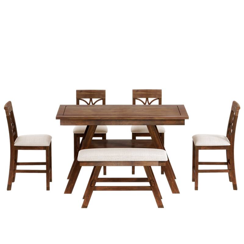 6-Piece Rustic Counter Height Dining Table Set, Rectangular Wood Table Set with Storage Shelf, Bench and 4 Chairs for Kitchen