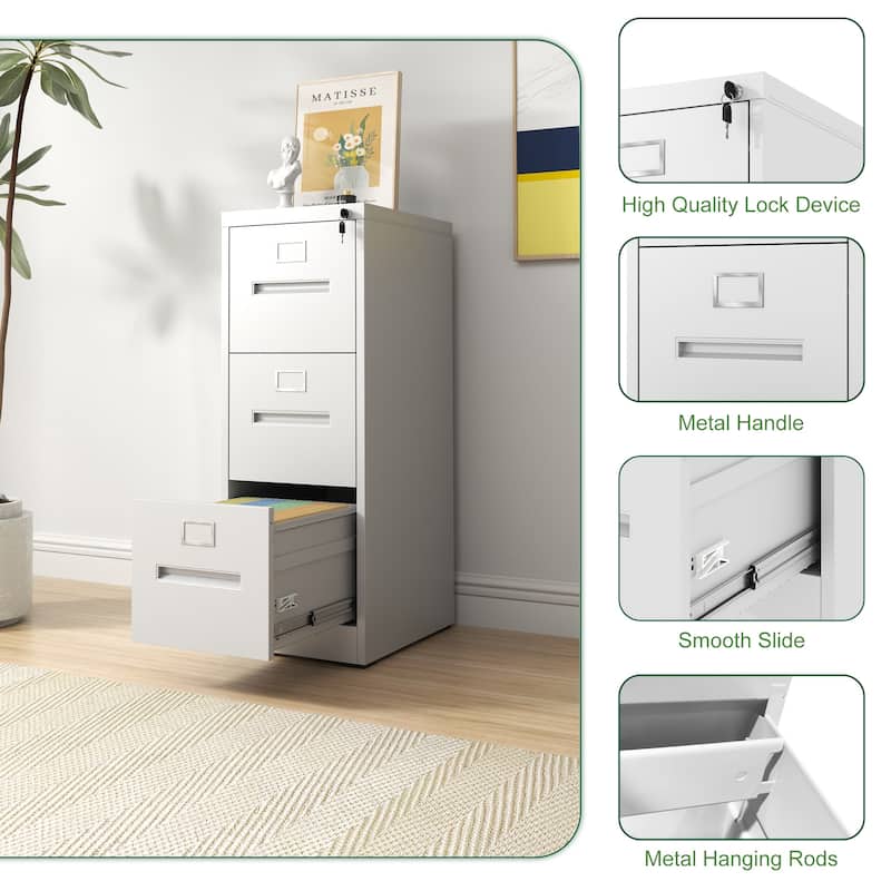Modern Narrow Vertical File Cabinet, 3 Drawers Filing Cabinet with Lock Adjustable Hanging Rail, for Home Office
