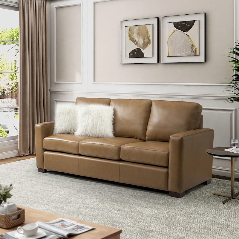 Ernando 83.46" Wide Genuine Leather Sofa with Squared Arms and Pillows - CAMEL