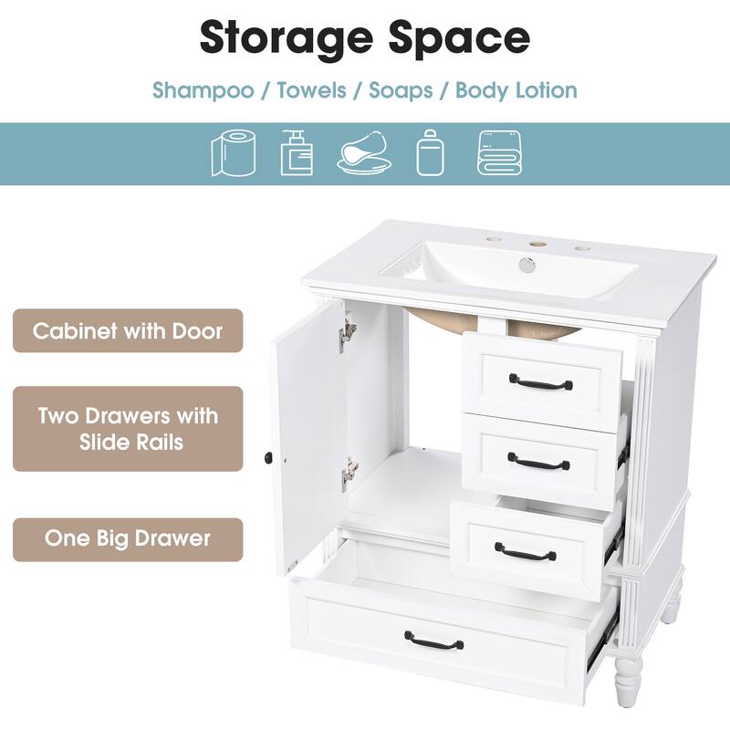 Roomfitters 30" Bathroom Vanity with Integrated Ceramic Sink, Solid Wood Frame and 3-Drawer Storage