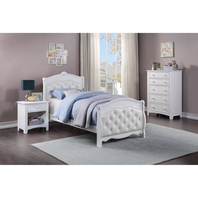 White Twin Size Bed Youth Bedroom Furniture White Faux Leather Headboard Footboard Plywood 1pc Bedframe