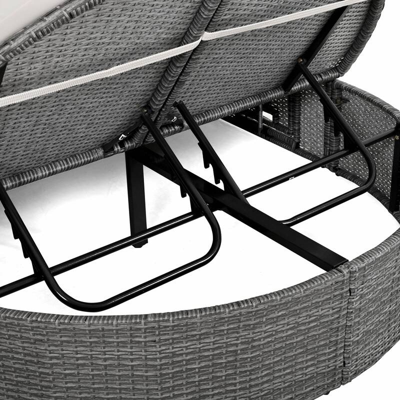 Rattan Patio Daybed with Cushions, Reclining Chaise Lounge, Foldable Trays