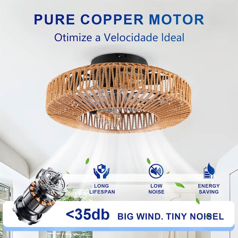 20" Rope Caged Ceiling Fans with Remote and Low Profile Chandelier 6 Speed, NOT Included Bulbs