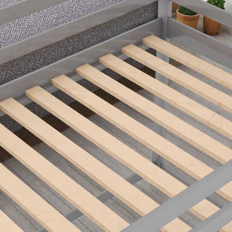 Twin over Twin Low Bunk Bed House Frame with Ladder, Kids Wooden Bunk Bed, Pine Wood and MDF, No Box Spring