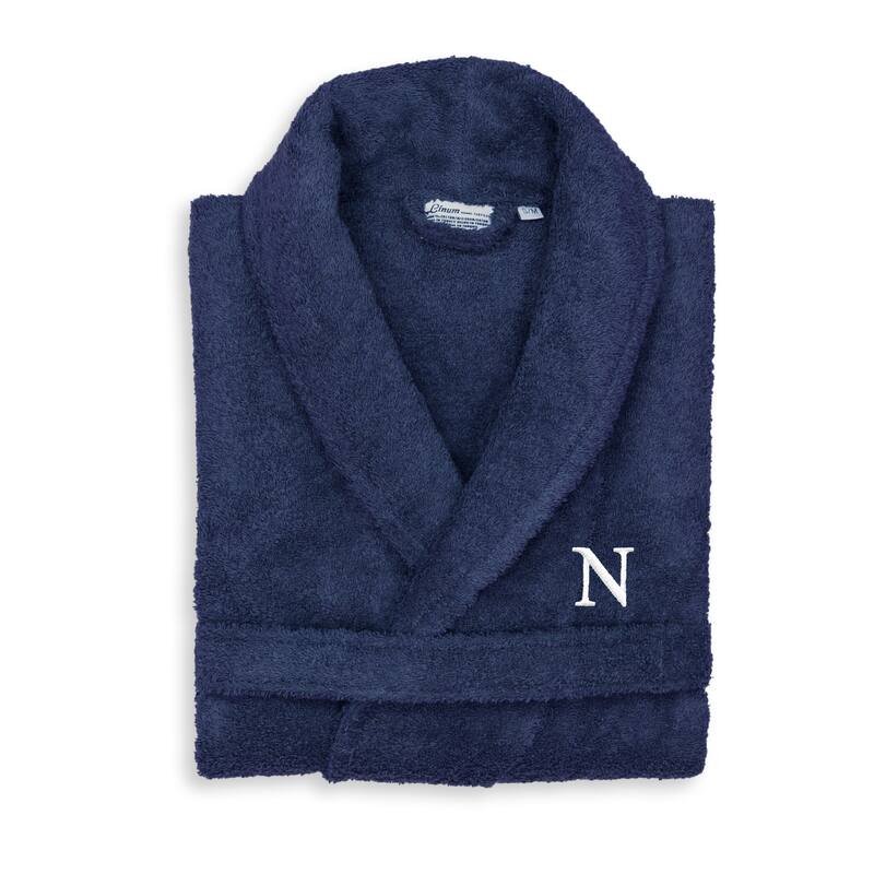 Authentic Hotel and Spa Unisex Navy Blue Turkish Cotton Terry Bath Robe with White Block Monogram - S/M - N
