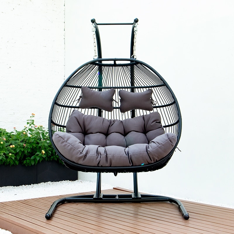 Double Seat Folding Hanging Swing Chair with Stand Cushion On