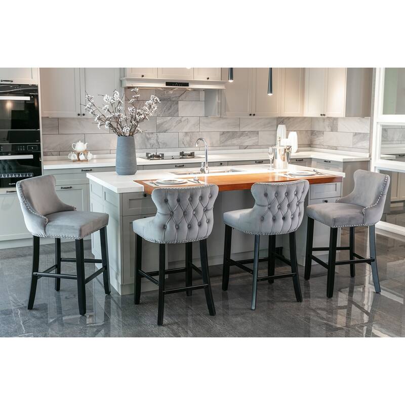 Contemporary Velvet Upholstered Wing-Back Barstools With Button Tufted Decoration And Wooden Legs